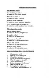 English worksheet: Reported speech questions