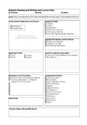 English Worksheet: English Reading and Writing Lesson Plan
