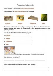 English Worksheet: Percussion Instruments