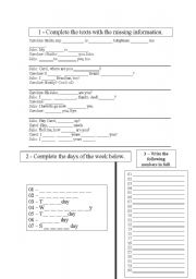 English Worksheet: Complete the text + Days of the week + Numbers