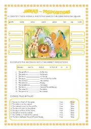 English Worksheet: ANIMALS AND PREPOSITIONS