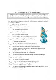 English Worksheet: SENTENCES AND SENTENCE FRAGMENTS