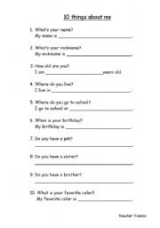 English worksheet: things about me