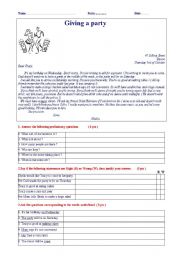 English Worksheet: ENGLISH TEST ( level A2+/B1+) intermediate level : GIVING A PARTY
