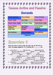 English Worksheet: 5 pages of tenses, gerunds, infinitives and prepositions