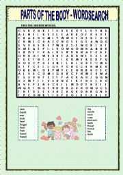 English Worksheet: PARTS OF THE BODY - WORDSEARCH