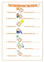 English Worksheet: Daily routines.What time does he....?