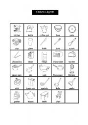 English Worksheet: Kitchen Objects Pictionary