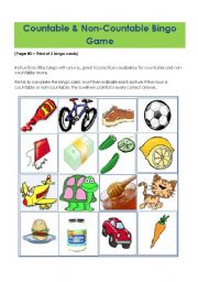 English Worksheet: COUNTABLE & NON-COUNTABLE BINGO GAME