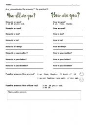 English worksheet: functions: how to ask and answer about - age and feeling