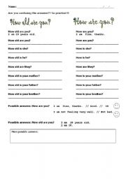 English Worksheet: functions: how to ask and answer about - age and feeling