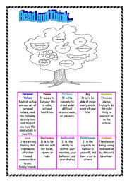 English Worksheet: Personal values, read and think...