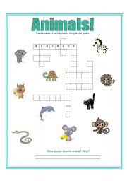 English Worksheet: Animals Crossword