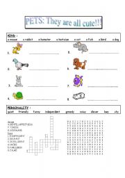 English worksheet: Pets : they are all cute !