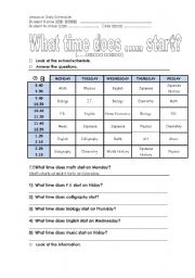 English Worksheet: What time does it start? - School Timetable