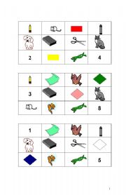 English Worksheet: Bingo Game Colours-Animals-Classroom Objects