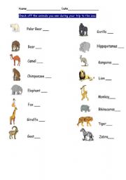 English worksheet: Animals you see in the Zoo