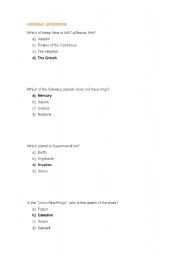 English worksheet: trivial questions part 1( general questions)