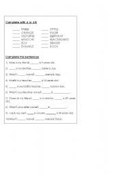 English worksheet: a or an and his/he - her/she