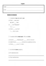 English worksheet:  Present and past simple -To Be;Future - Going to; How much/How many