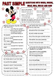 English Worksheet: PAST SIMPLE OF THE VERB TO BE (3) QUESTIONS WITH WHEN, WHERE, WHAT, WHO, WHICH AND HOW
