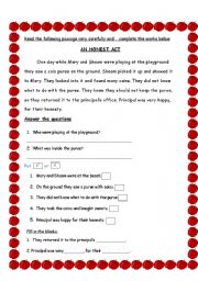 English Worksheet: AN HONEST ACT