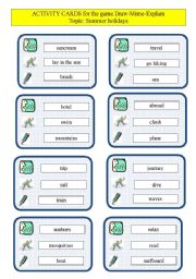 English Worksheet: Activity cards for the game:Draw-Mime-Explain-Summer holidays