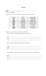 English Worksheet: Irregular verbs Test 1