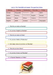 English Worksheet: SCHOOL SUBJECT TIMETABLE