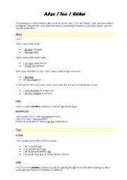 English Worksheet: Also , Too , Either