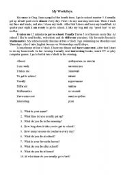 English worksheet: My weekdays Text