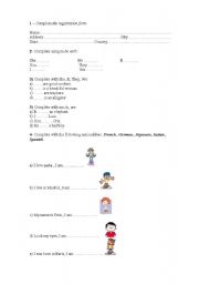 English worksheet: To be verb, personal pronouns and nationalities