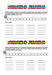 English Worksheet: MUMBO JUMBO - Scrabble game - Vocabulary, Wordsearch