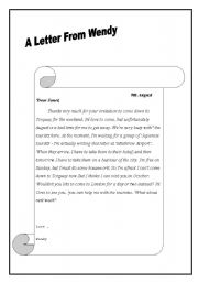 English Worksheet: A LETTER FROM WENDY - READING PASSAGE AND COMPREHENSION QUESTIONS AND AN EMPTY LETTER FOR YOUR STUDENTS TO TRY TO WRITE A NEW LETTER + ANSWER KEY :)