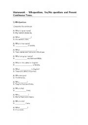 English worksheet: Exercises - Wh-questions, Yes/No questions and Present Continuous Tense.