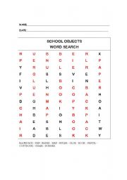 English Worksheet: School Objects Word Search