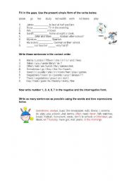 English worksheet: Simple Present:Fill gaps, put in order, write negative/interrogative and writing
