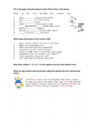 English Worksheet: Simple Present:Fill gaps, put in order, write negative/interrogative and writing