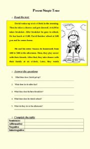 English Worksheet: Davids Daily Routines