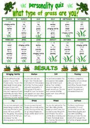 English Worksheet: PERSONALITY QUIZ- What type of grass are you?