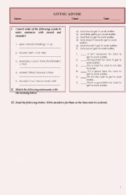 English worksheet: Giving advice with modal should 