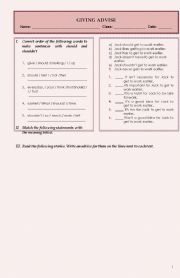 English Worksheet: Giving advice with modal should 