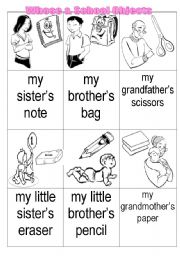 English Worksheet: whose and school objects matching game