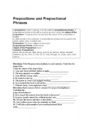 English worksheet: Prepostiones and Prepositional Phrases