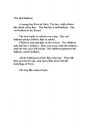 English Worksheet: the Red Balloon Summary