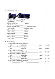 English Worksheet: Any Some and Numbers