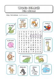 English Worksheet: Wild (Zoo) Animals - Word Search