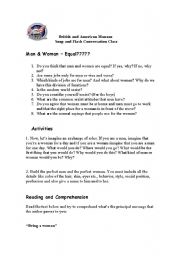 English worksheet: Man and Women- Equal???