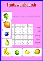 English worksheet: fruits wordsearch