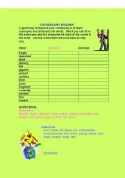 English worksheet: VOCABULARY BUILDER WITH SYNONYMS AND ANTONYMS